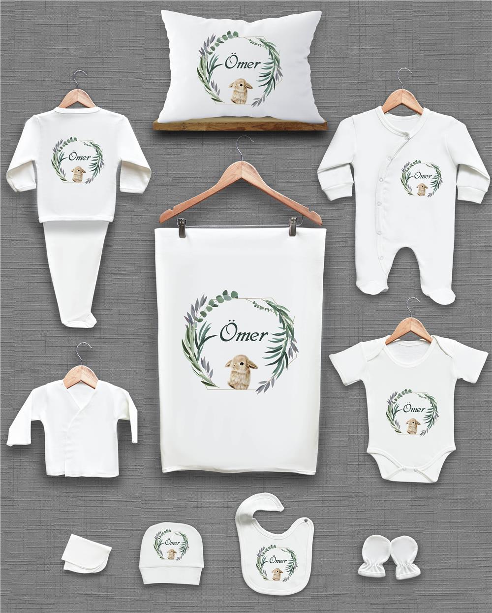 Tavşan ve Yeşil Çiçek Desenli 11'li İsimli Organik Hastane Çıkış Seti