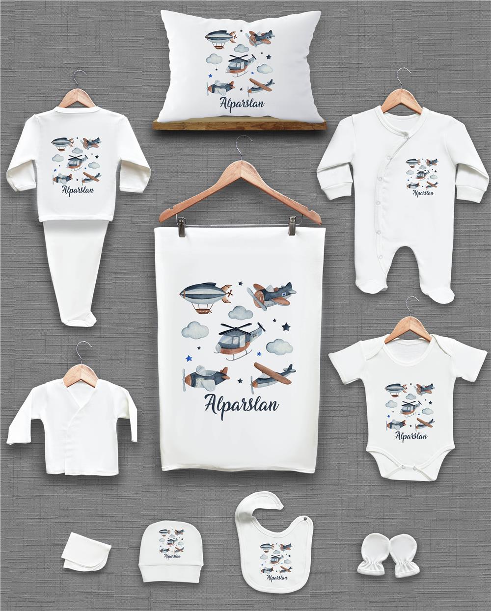 Uçak Desenli 11'li İsimli Organik Hastane Çıkış Seti