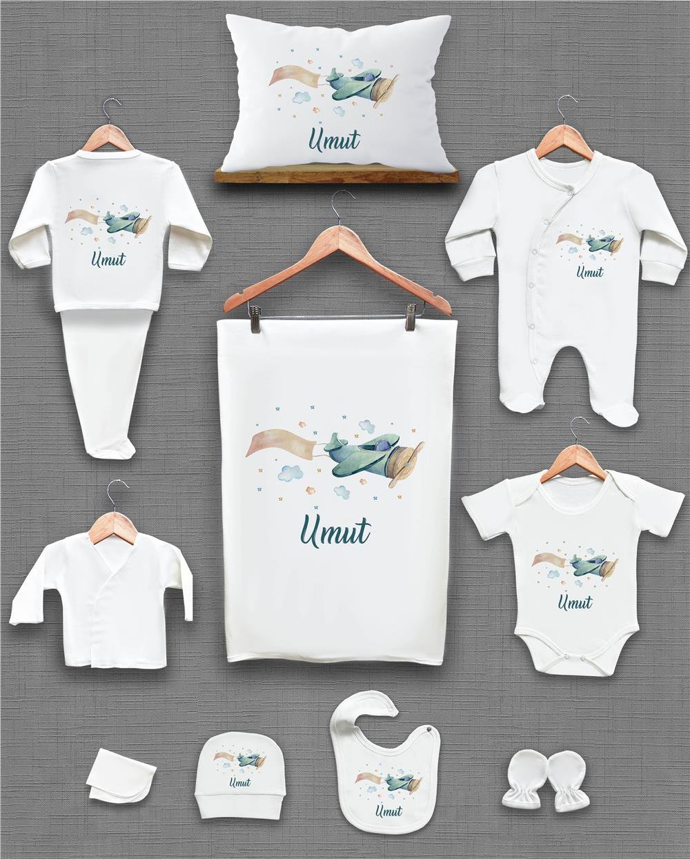 Uçak Desenli 11'li İsimli Organik Hastane Çıkış Seti