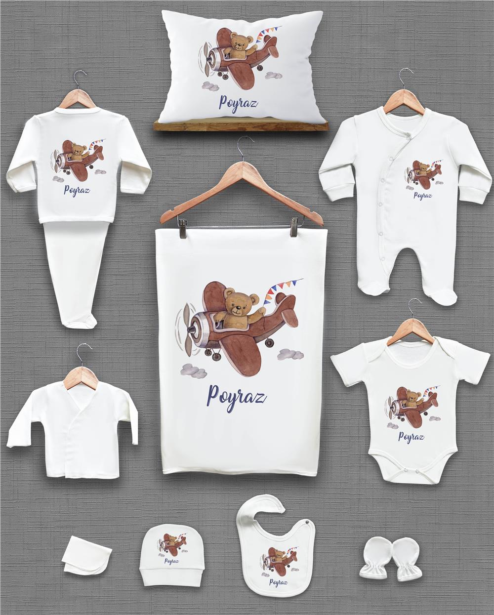 Uçak ve Ayı Desenli 11'li İsimli Organik Hastane Çıkış Seti