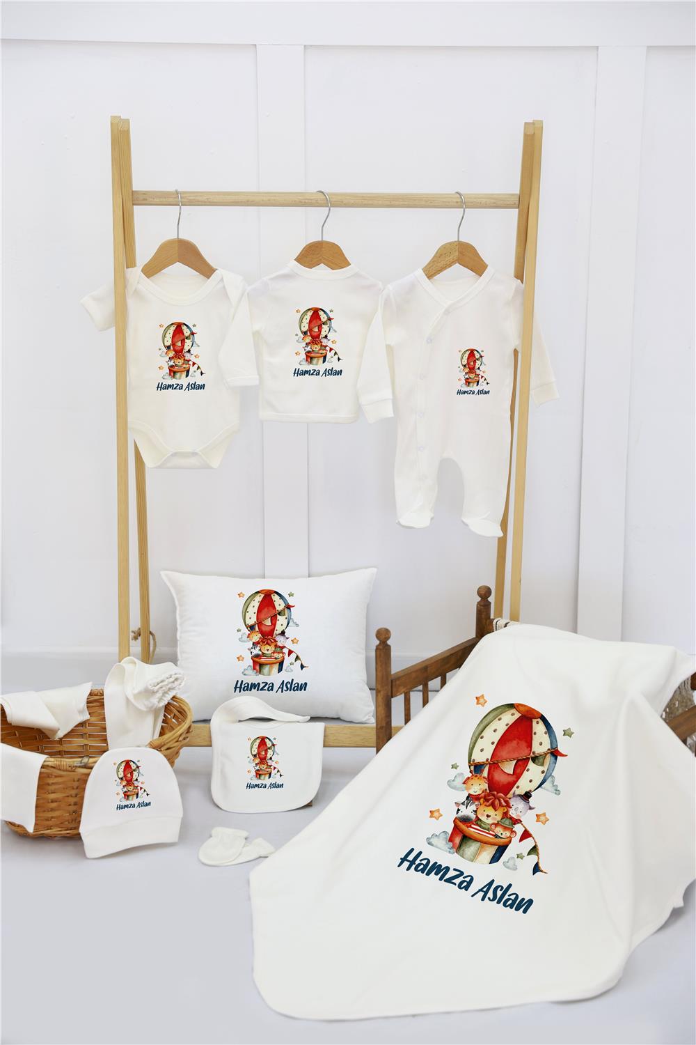 Uçak ve Ayı Desenli 11'li İsimli Organik Hastane Çıkış Seti