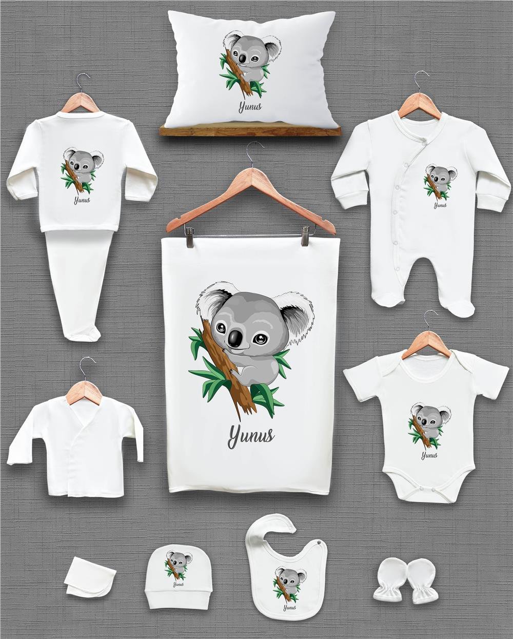 Uçak ve Ayı Desenli 11'li İsimli Organik Hastane Çıkış Seti