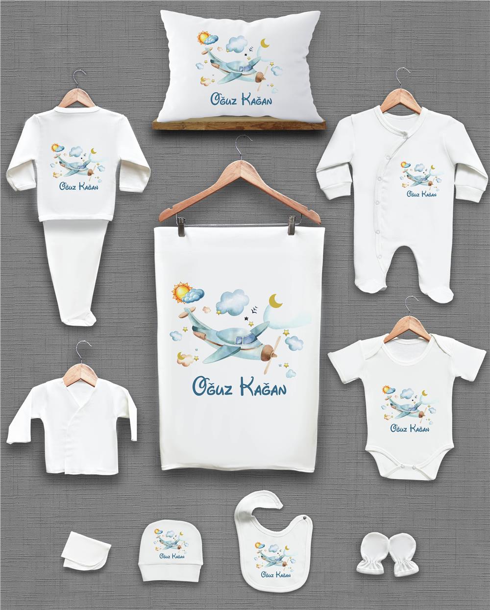 Uçak ve Balon Desenli 11'li İsimli Organik Hastane Çıkış Seti