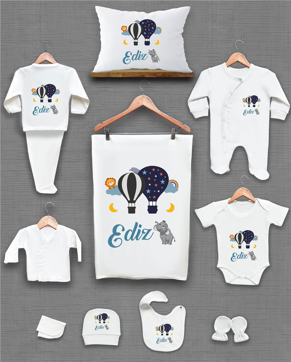 Uçan Balon Desenli 11'li İsimli Organik Hastane Çıkış Seti