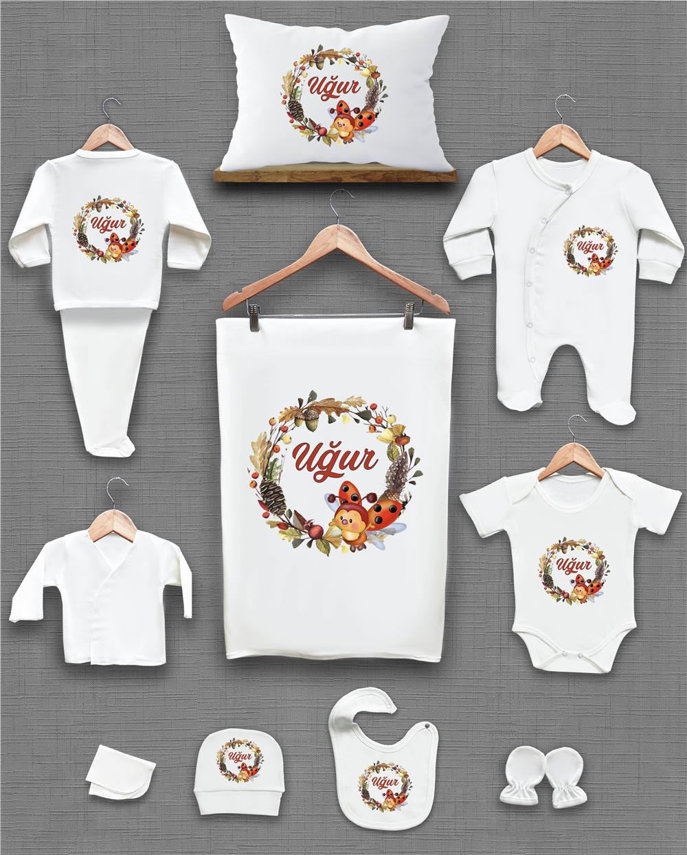 Uğur Böcek Desenli 11'li İsimli Organik Hastane Çıkış Seti