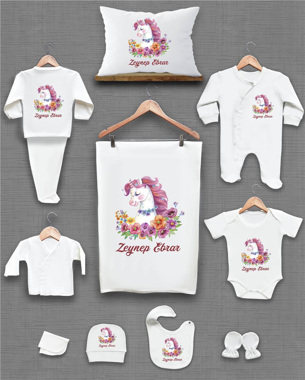 Uniqon Desenli 11'li İsimli Organik Hastane Çıkış Seti