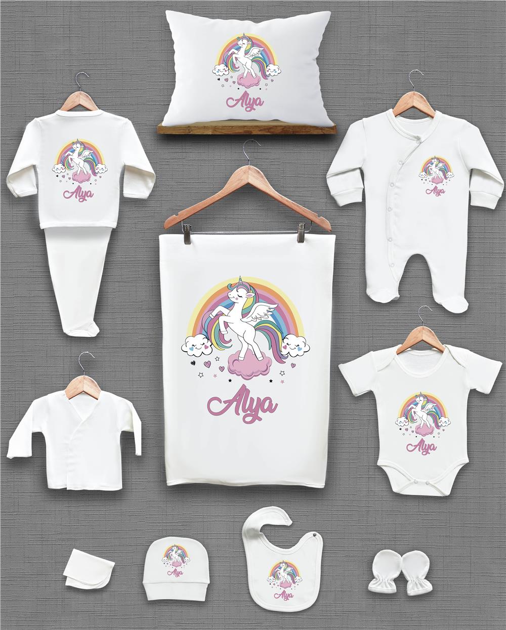 Uniqon ve Gökkuşağı Desenli 11'li İsimli Organik Hastane Çıkış Seti