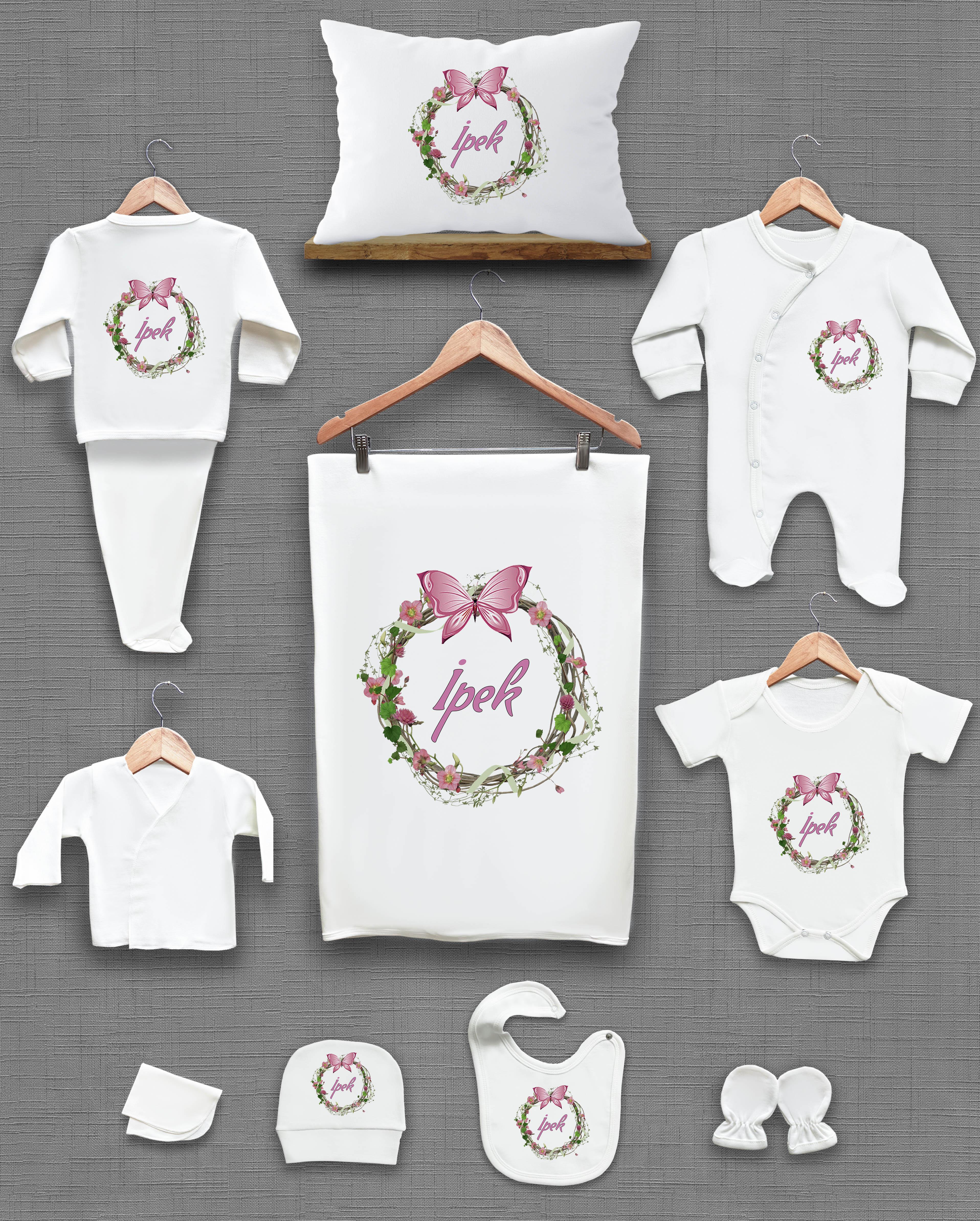 Yeşil Çiçek Çelenk ve Kelebek Desenli 11'li İsimli Organik Hastane Çıkış Seti