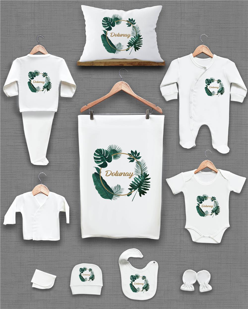 Yeşil Çiçek Desenli 11'li İsimli Organik Hastane Çıkış Seti