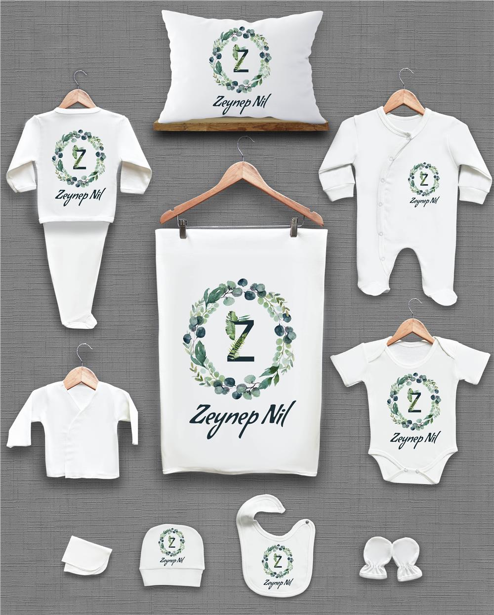 Yeşil Çiçekler ve Harf Desenli 11'li İsimli Organik Hastane Çıkış Seti