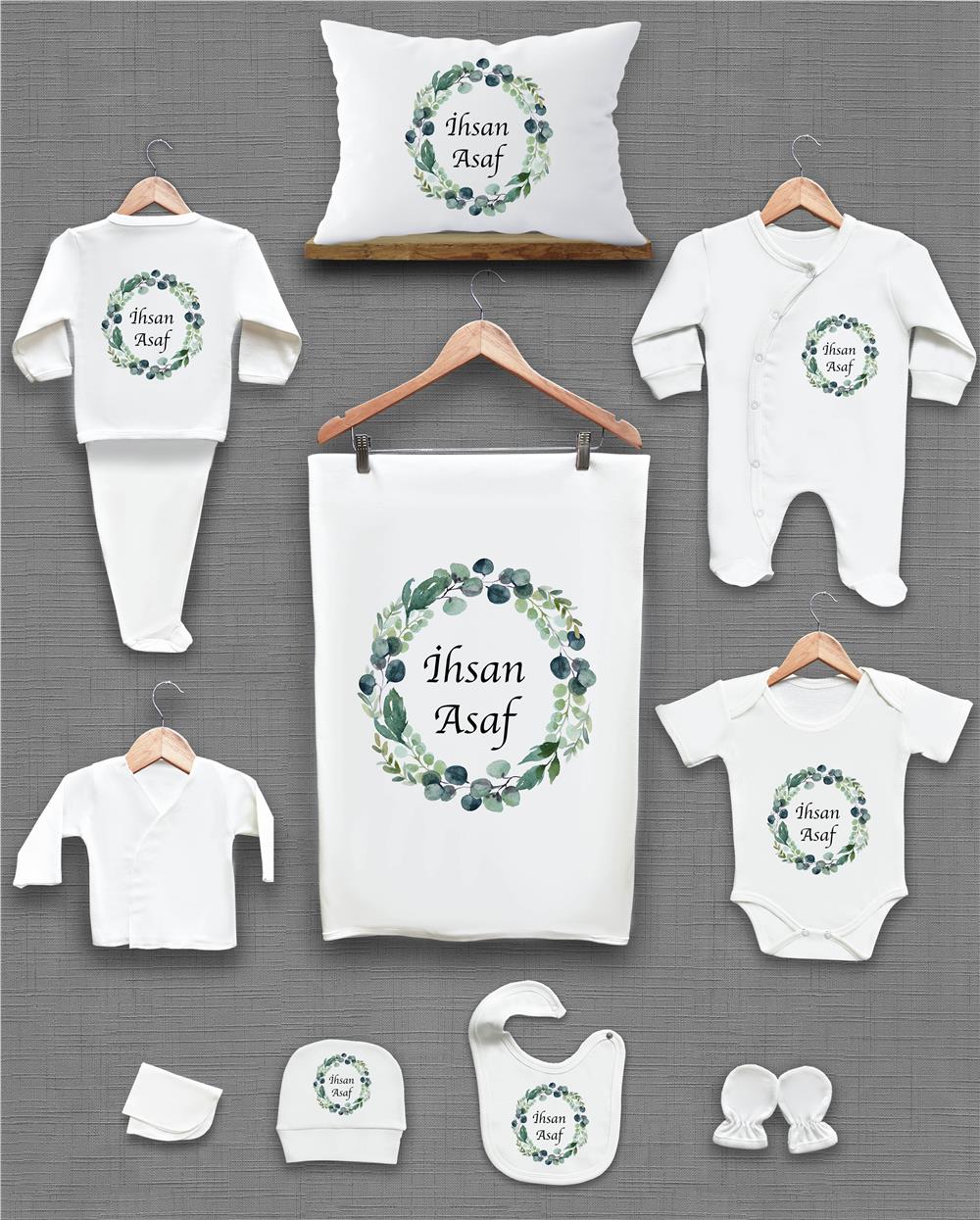 Yeşil Yaprak Desenli 11'li İsimli Organik Hastane Çıkış Seti