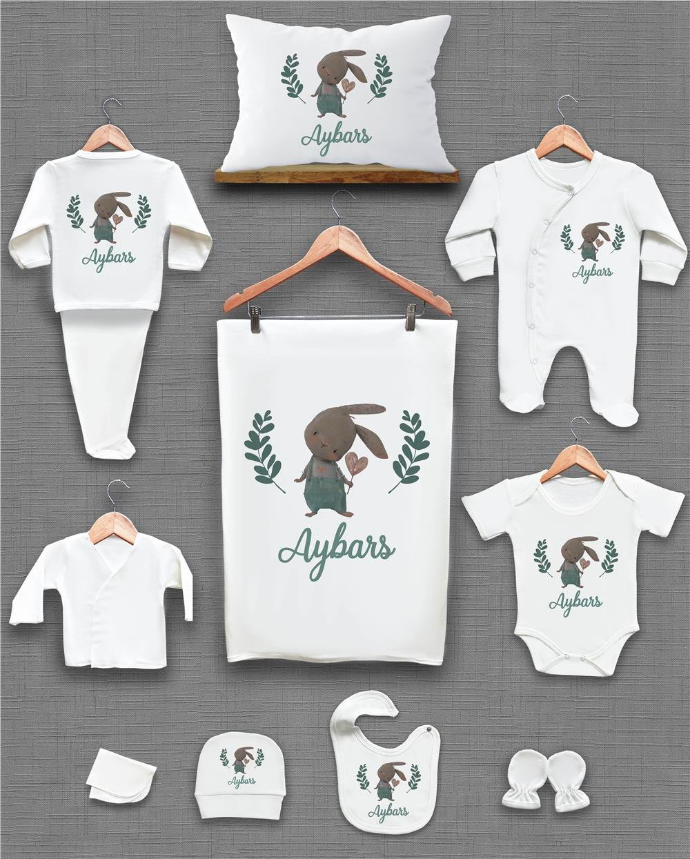 Yeşil Yaprak ve Tavşan Desenli 11'li İsimli Organik Hastane Çıkış Seti