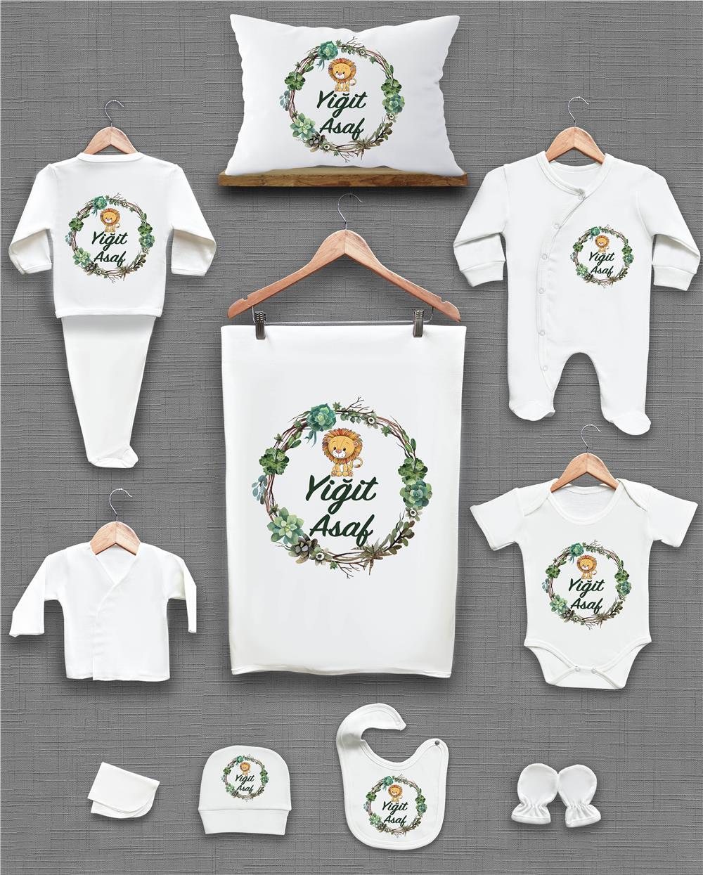 Yeşil Yapraklı Aslan Desenli 11'li İsimli Organik Hastane Çıkış Seti