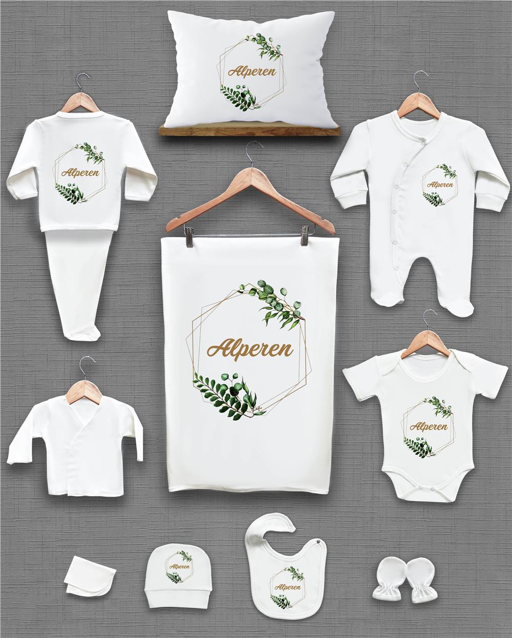 Yeşil Yapraklı Çelenk Desenli 11'li İsimli Organik Hastane Çıkış Seti