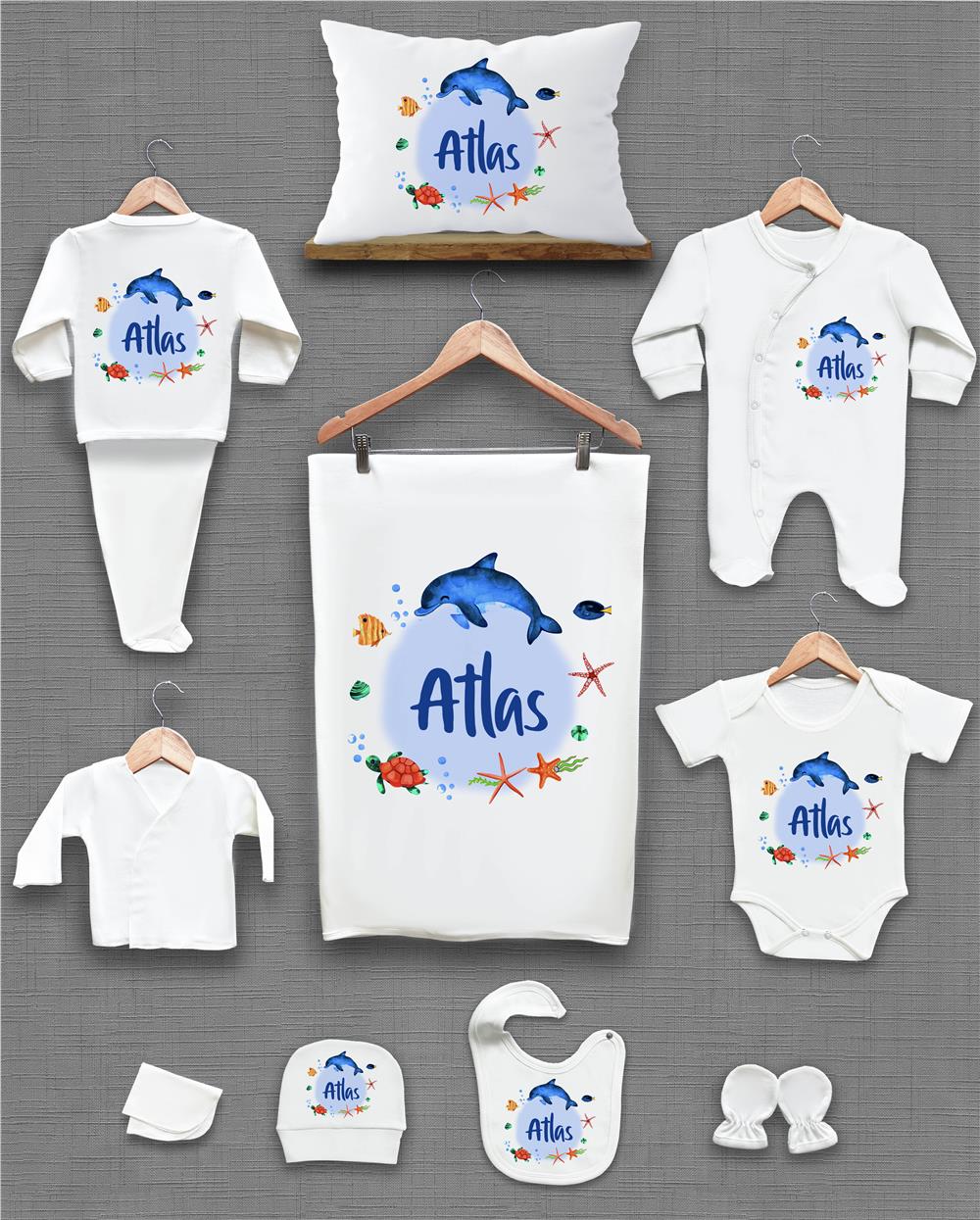 Yunus Balığı Temalı Deniz Desenli 11'li İsimli Organik Hastane Çıkış Seti