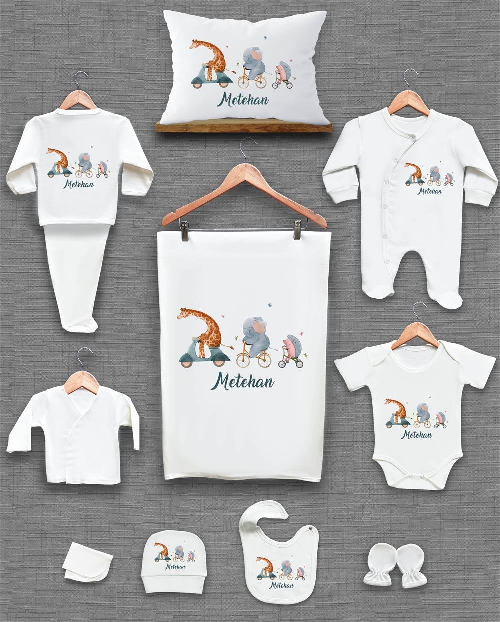 Zürafa Fil ve Kipri Desenli 11'li İsimli Organik Hastane Çıkış Seti