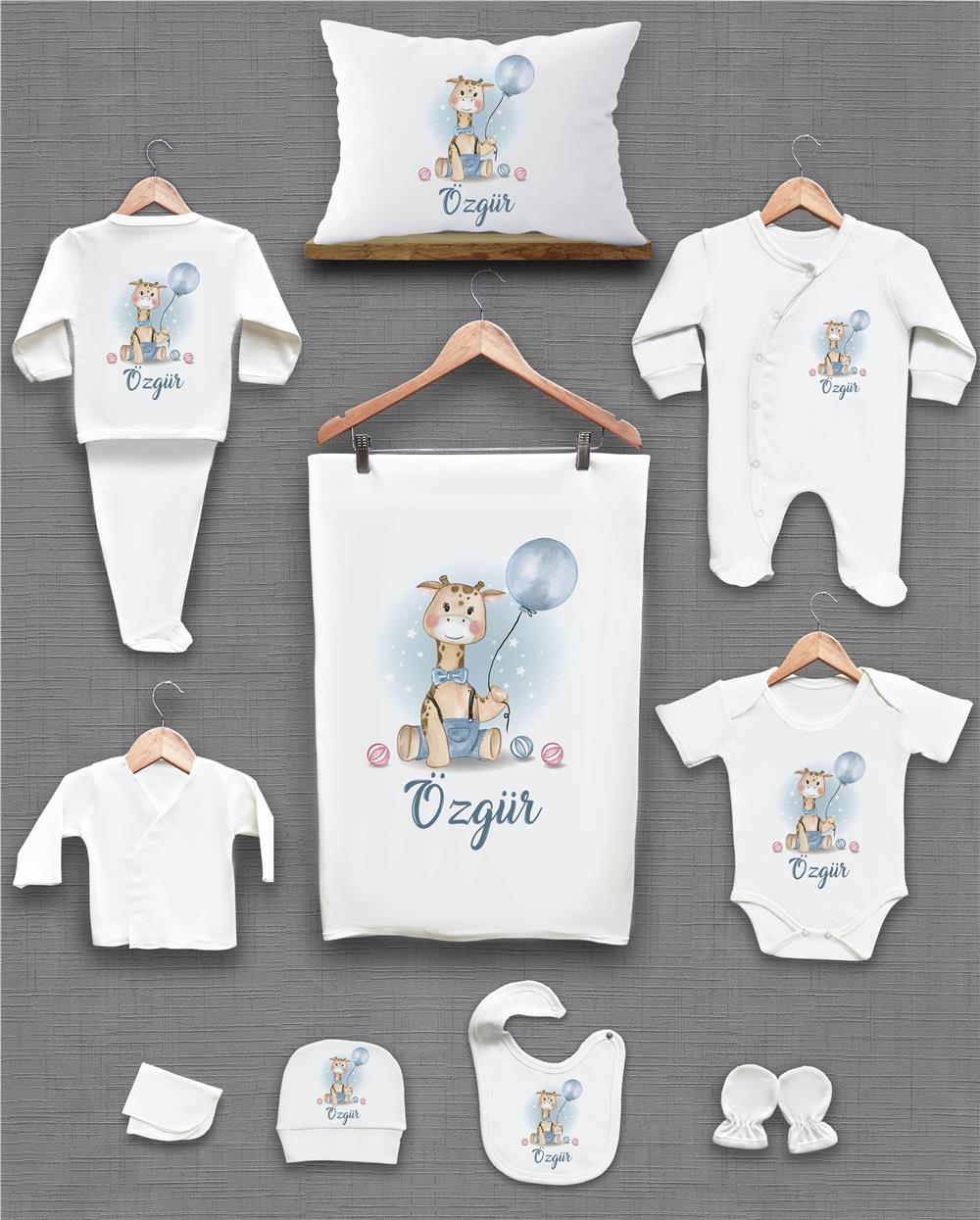 Zürafa ve Balon Desenli 11'li İsimli Organik Hastane Çıkış Seti