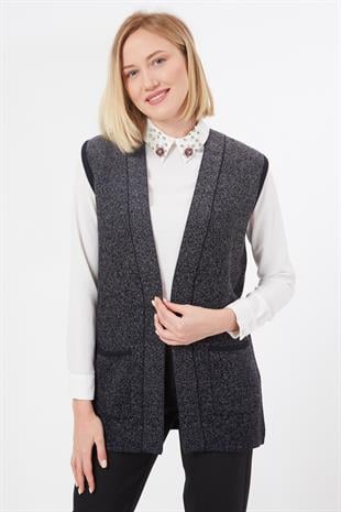 Kadın Lacivert Füme Cepli Kolsuz Triko Örme Yelek