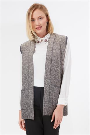 Kadın Füme Kum Cepli Kolsuz Triko Örme Yelek