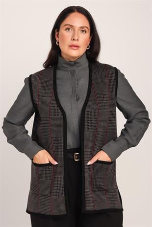Kadın Füme Siyah Cepli Ekose Desenli Triko Örme Anne YelekYELEK