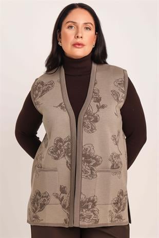 Kadın Kahve Kum Çiçek Desenli Cepli Düğmeli Triko Örme Anne YelekYELEK