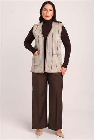 Kadın Kemik Kum Cepli Ekose Desenli Triko Örme Anne YelekYELEK