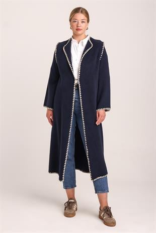 Kadın Lacivert Çoban Nakış Detaylı Uzun Triko Kimono PançoPANÇO