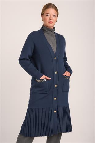 Kadın Lacivert Piliseli Cepli Triko Uzun HırkaHIRKA