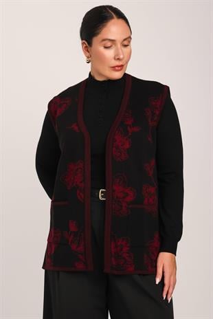 Kadın Siyah Bordo Çiçek Desenli Cepli Düğmeli Triko Örme Anne YelekYELEK