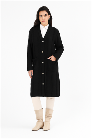 Kadın Siyah Cepli V Yaka Püsküllü Triko Uzun HırkaHIRKA