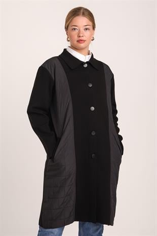 Kadın Siyah Kapitone Hakim Yaka Düğmeli Kışlık Mont PançoPANÇO