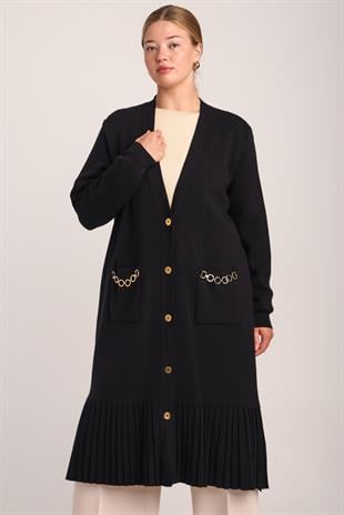 Kadın Siyah Piliseli Cepli Triko Uzun HırkaHIRKA