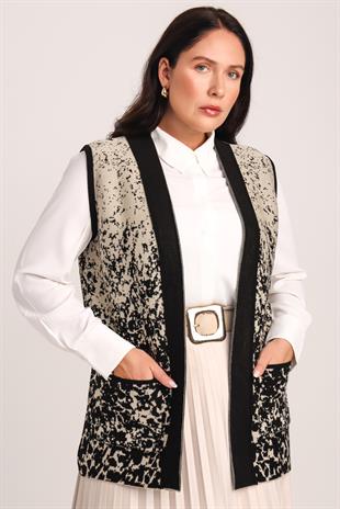Kadın Siyah Taş Karyağdı Desenli Cepli Triko Örme Anne YelekYELEK