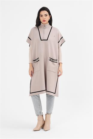 Kadın Sütlü Kahve Çizgili Cepli Fermuarlı Triko PançoPANÇO