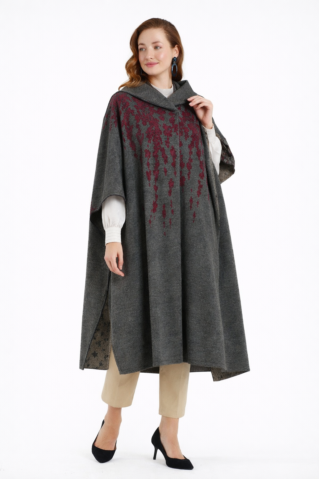 Women's Dark Gray Burgundy Floral Patterned PonchoPoncho