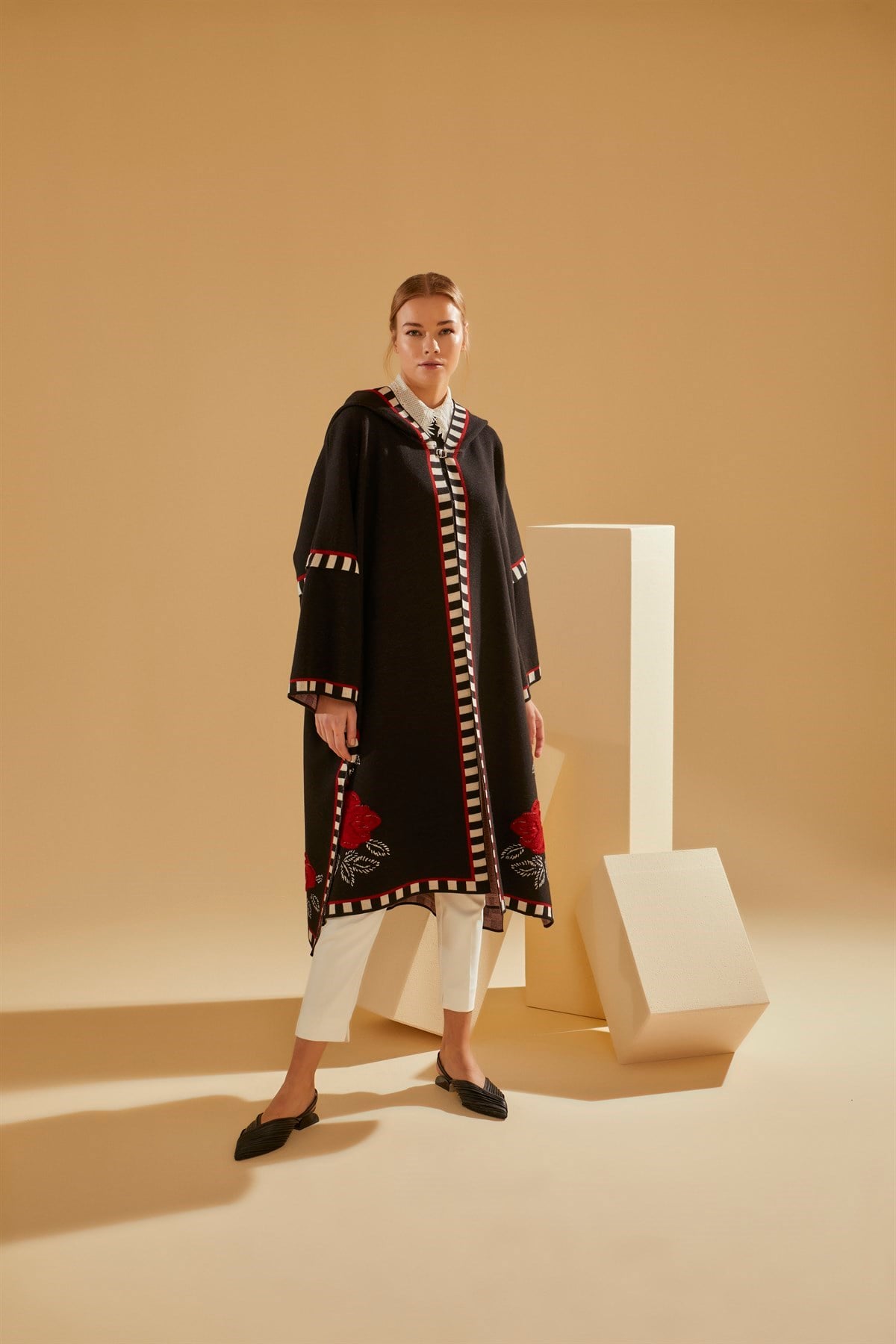 Women's Black Striped Hooded Poncho with Roses