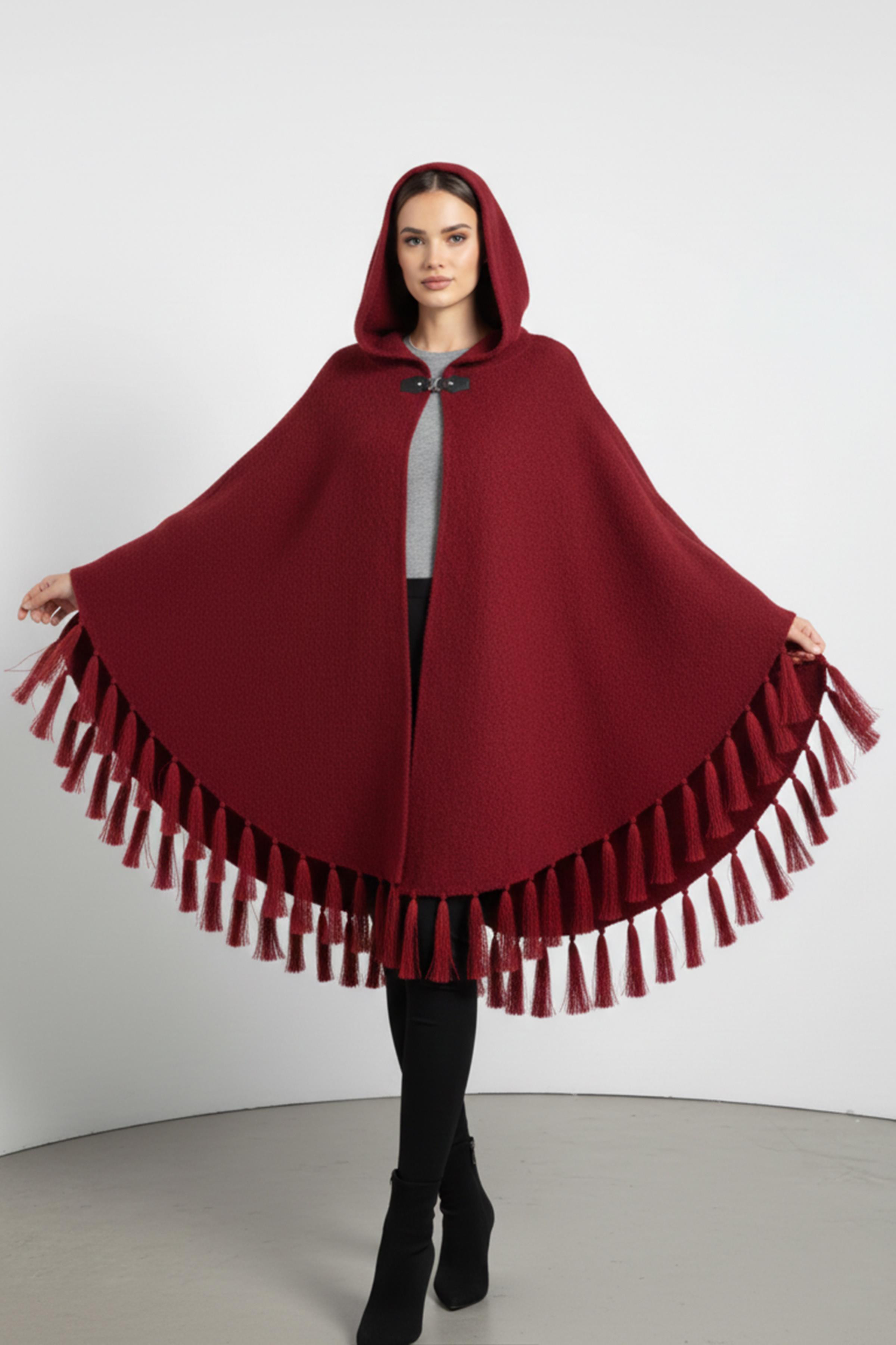Kadın Bordo Kapüşonlu Dokulu PançoPoncho