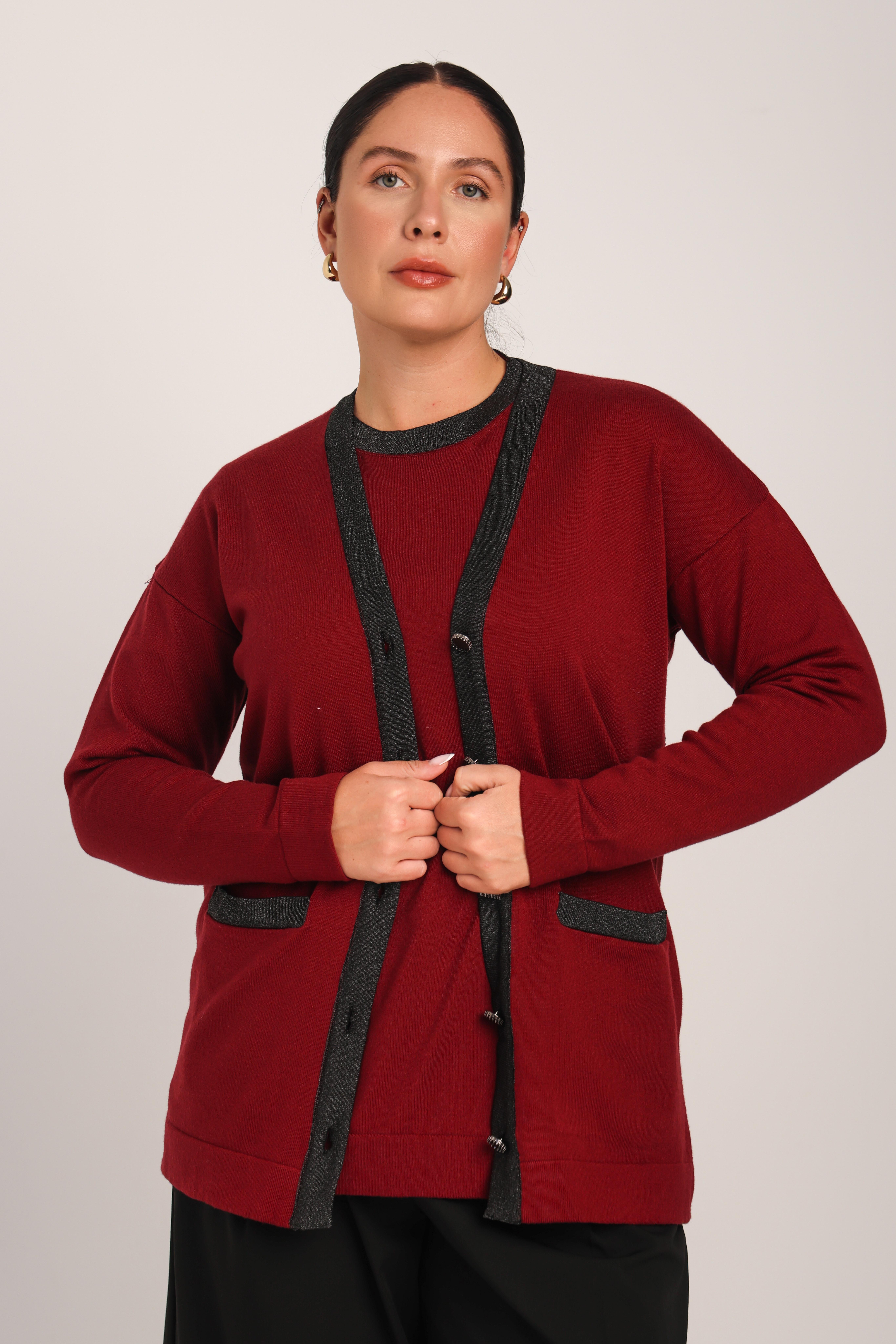 Kadın Bordo Sim Yakalı Düğmeli Rahat Kesim Cepli Triko Hırkaكارديجان