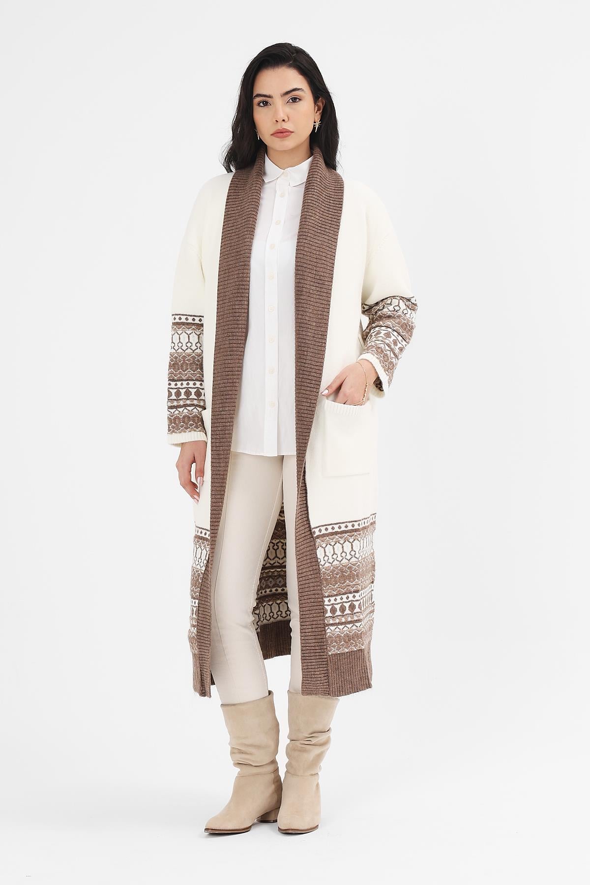 Kadın Ekru Desenli Şal Kimono Poncho