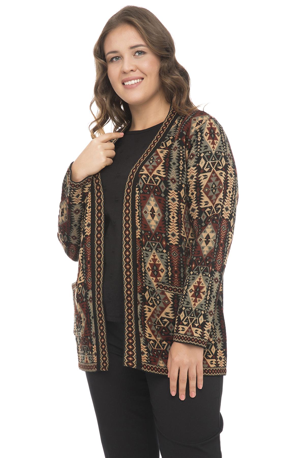Kadın Gümüş Etnik Desenli Cepli Kilim HırkaCardigan