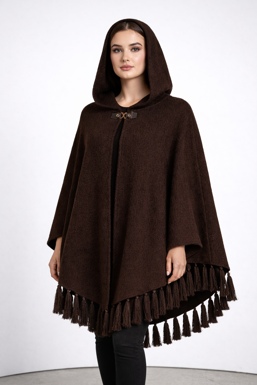 Women's Coffee Hooded Textured PonchoPoncho