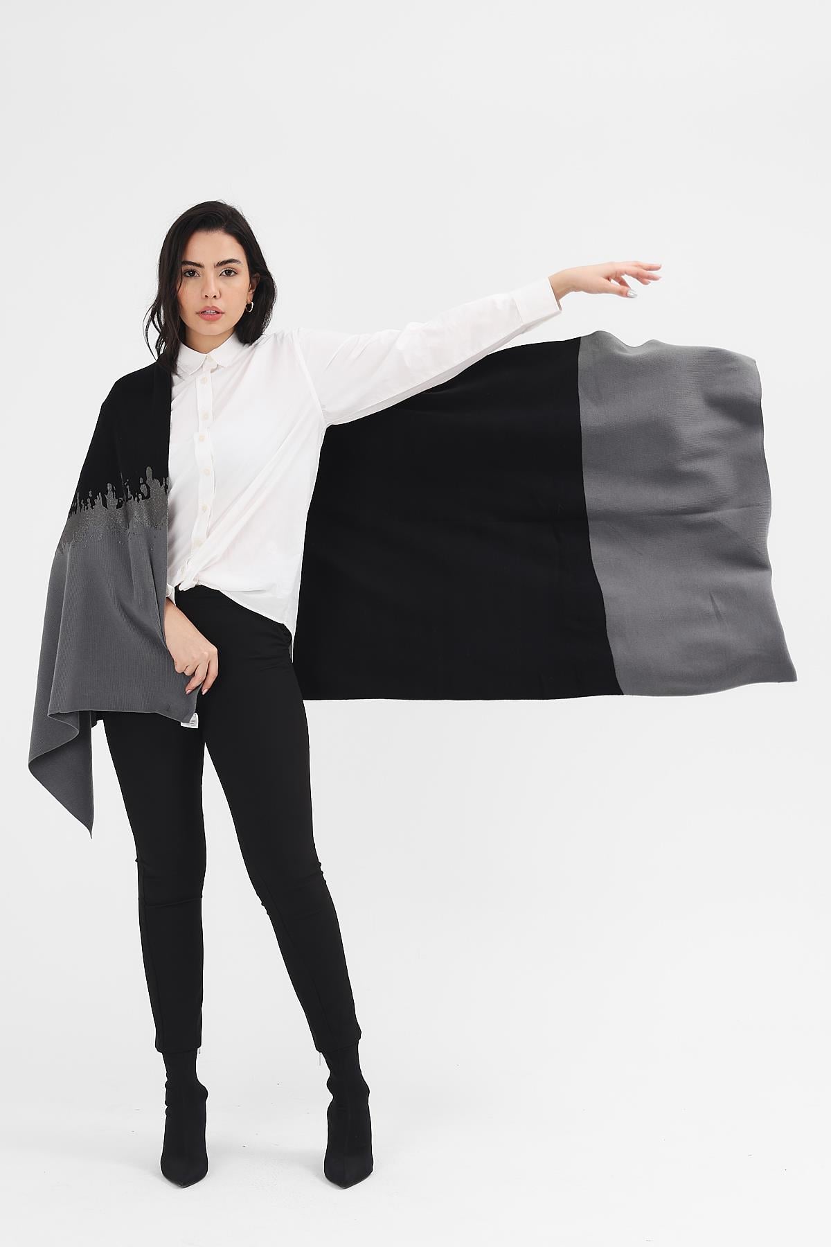 Kadın Siyah Gri Baskılı ŞalShawl