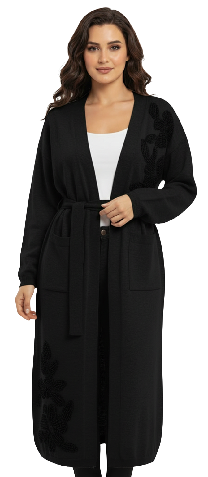 Kadın Siyah Nakışlı Çiçek Detaylı Kemerli Kimono PançoPANÇO