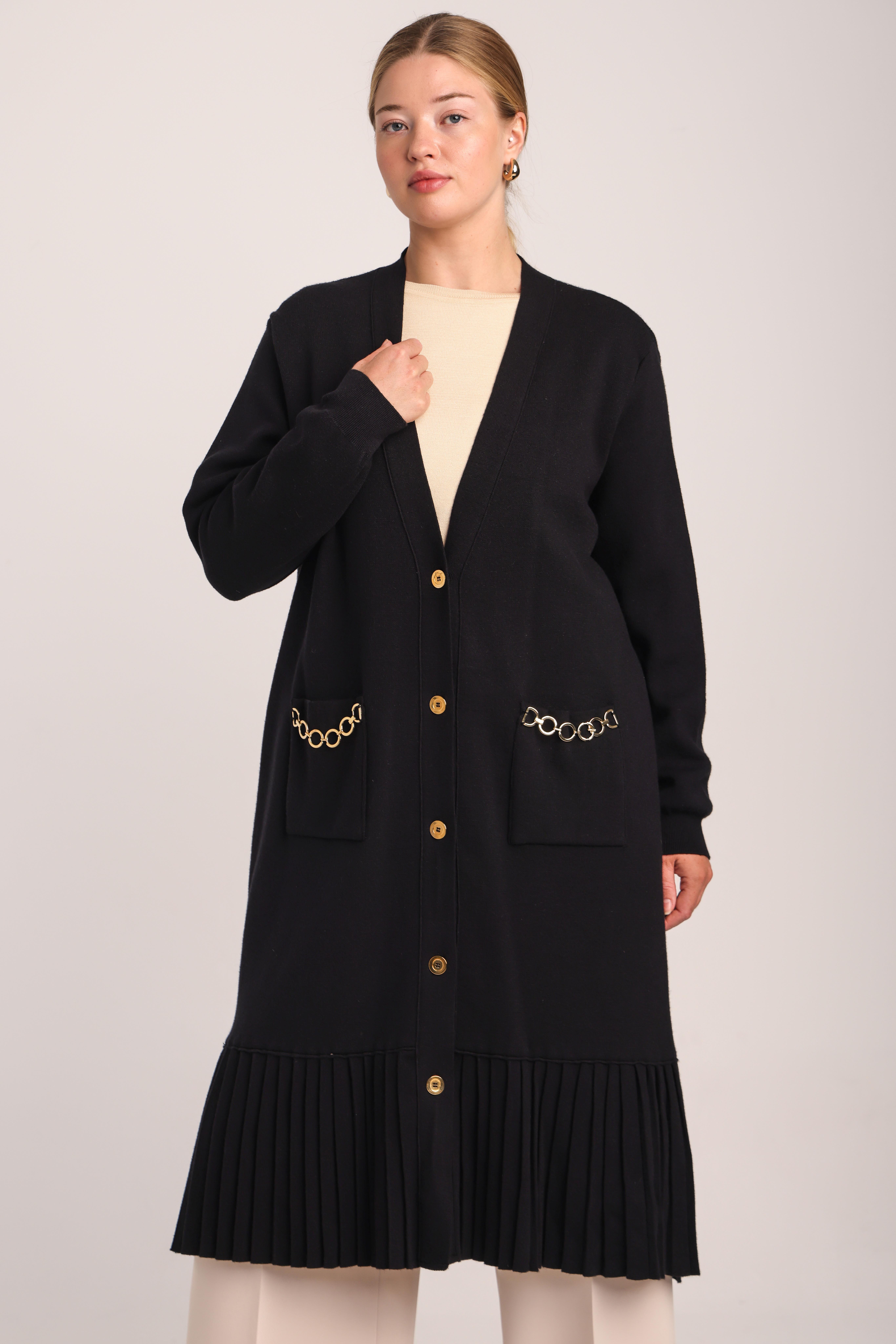 Kadın Siyah Piliseli Cepli Triko Uzun Hırkaكارديجان