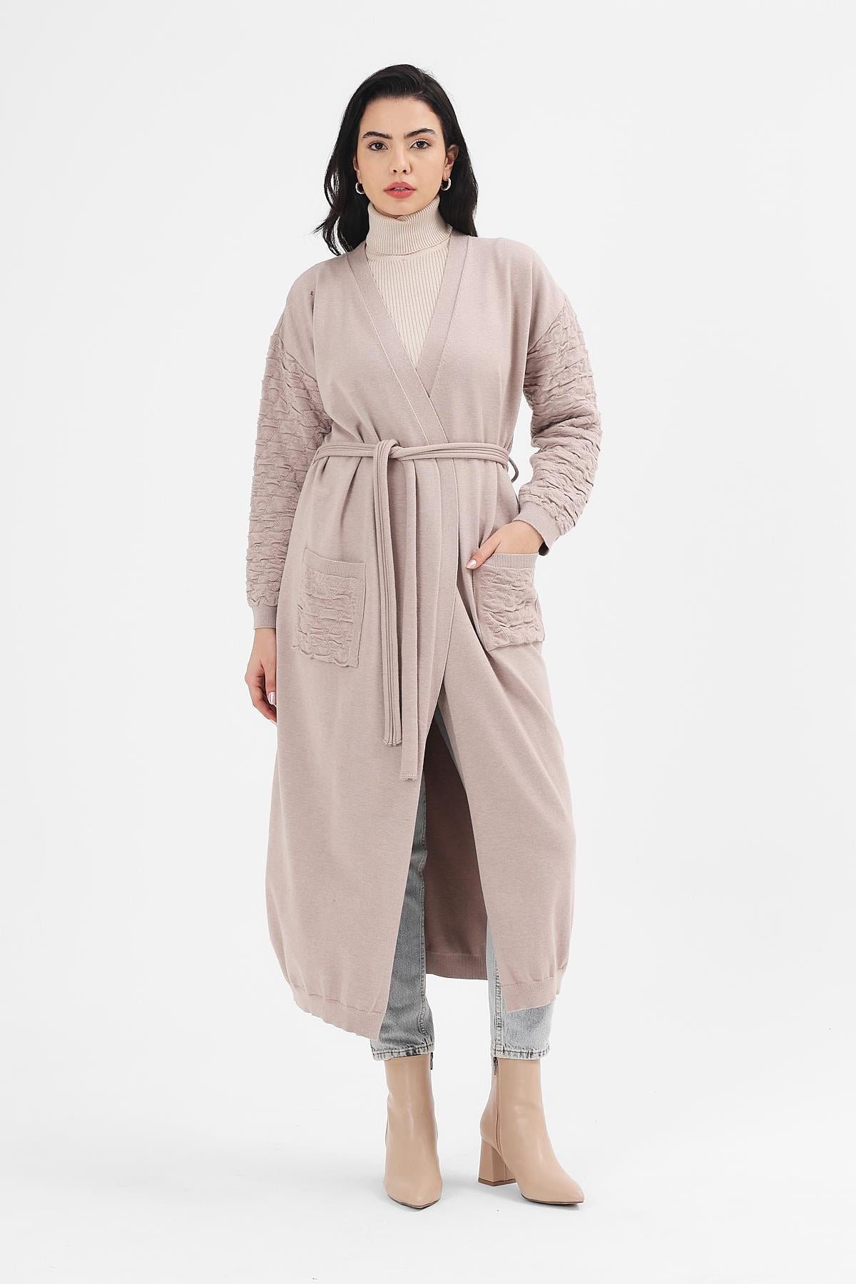 Kadın Sütlü Kahve Kabartmalı Kimono PANÇO
