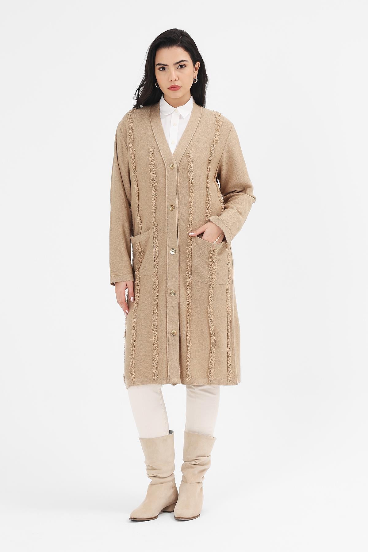 Kadın Sütlü Kahve Püsküllü Uzun Hırka Cardigan