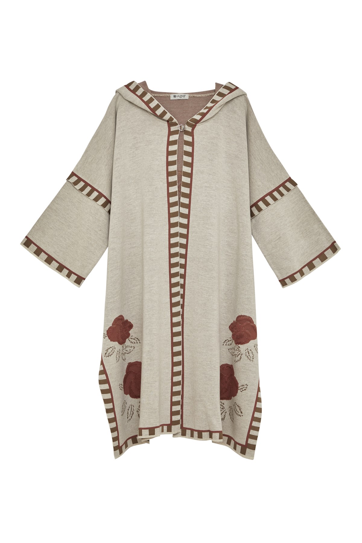 Women's Beige Striped Hooded Poncho with Roses