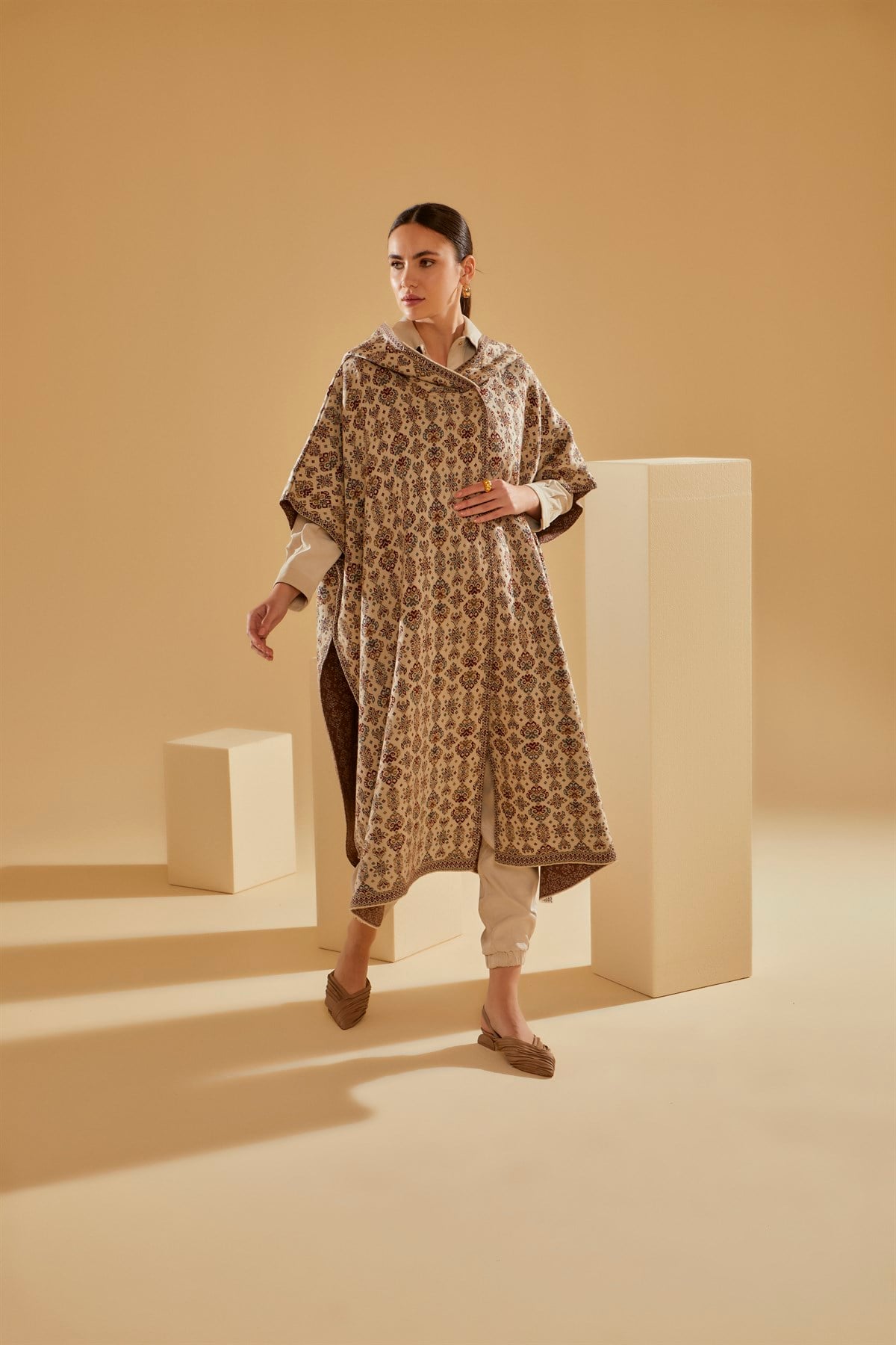 Beige Floral Ethnic Poncho with Hood