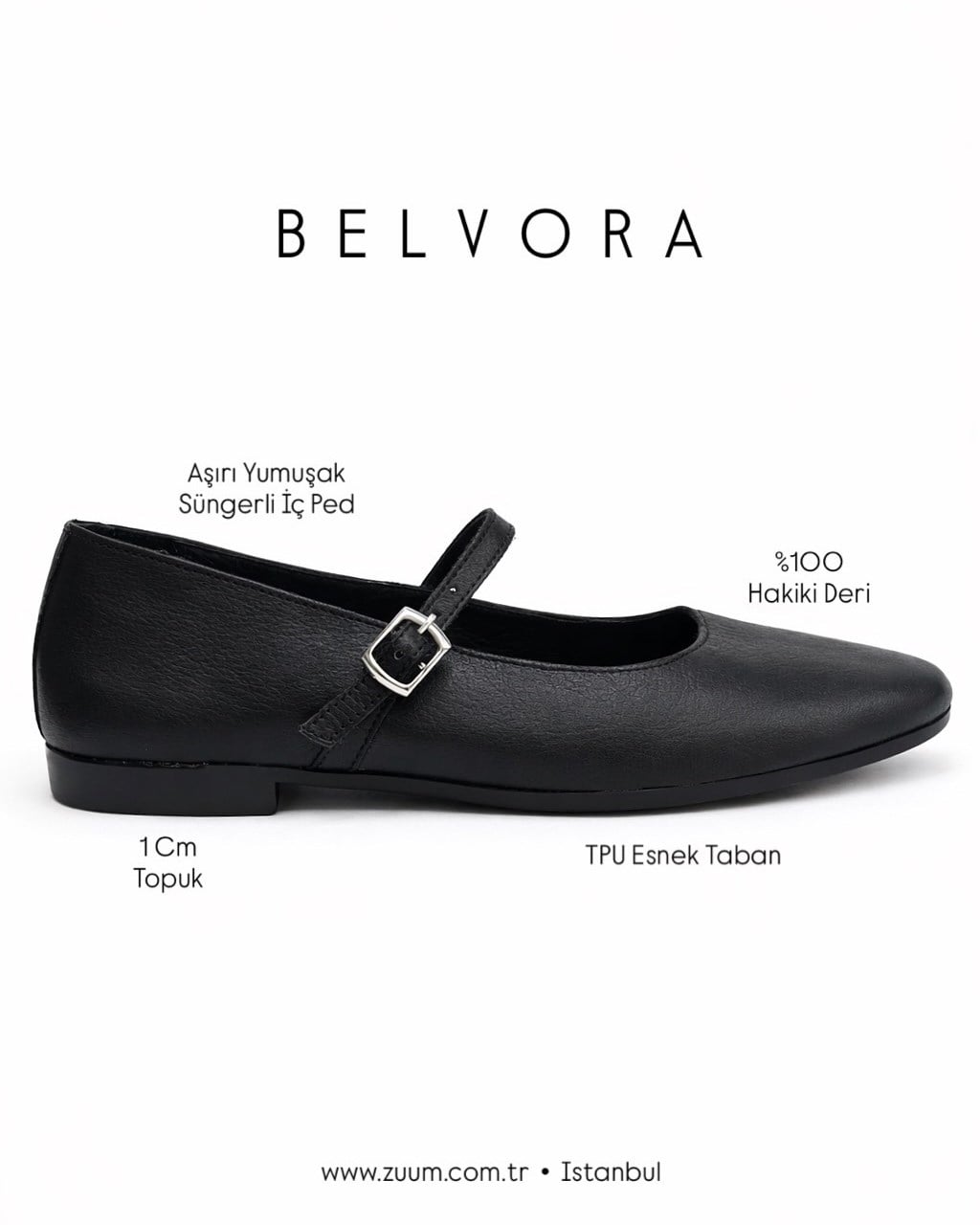 ZUUMBABET & LOAFERBelvora % 100 Hakiki Deri Kadın Babet - Siyah Deri