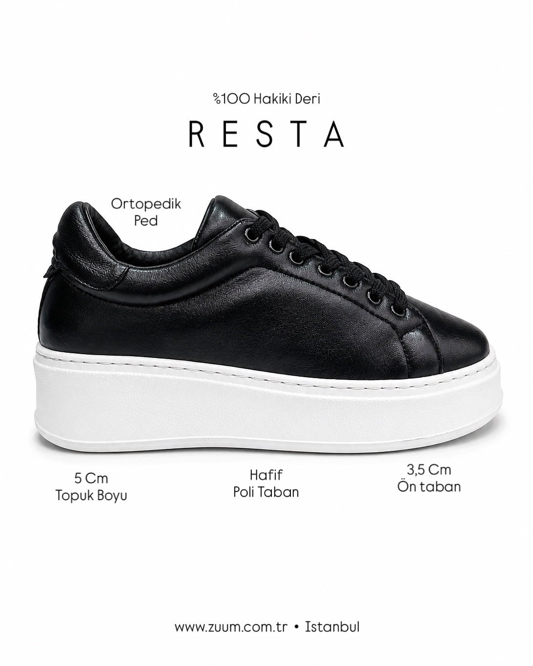 ZUUMSNEAKERResta % 100 Hakiki Deri Kalın Tabanlı Kadın Sneaker - Siyah Deri